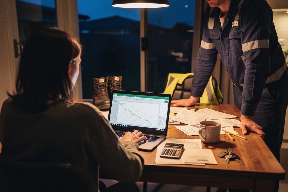 At the kitchen table at night, one partner works through invoices on a laptop while the other, still in work gear, looks over their shoulder