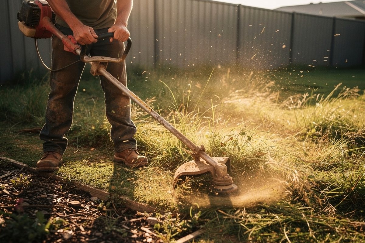 A gardener whipper-snipping a long, overgrown backyard in the late afternoon sun