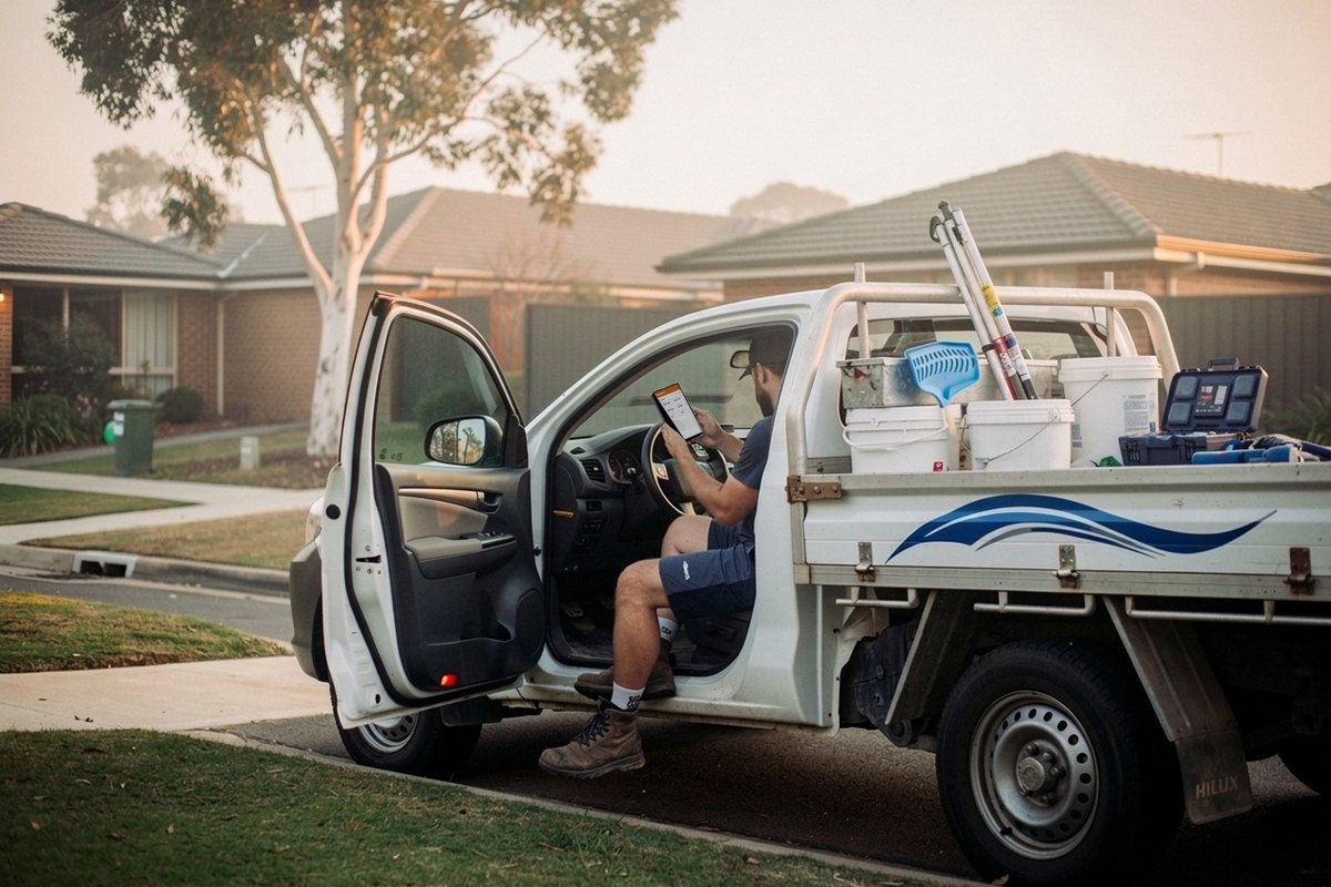 A pool technician in the driver's seat of their ute, checking Sidekick on their phone before the first job