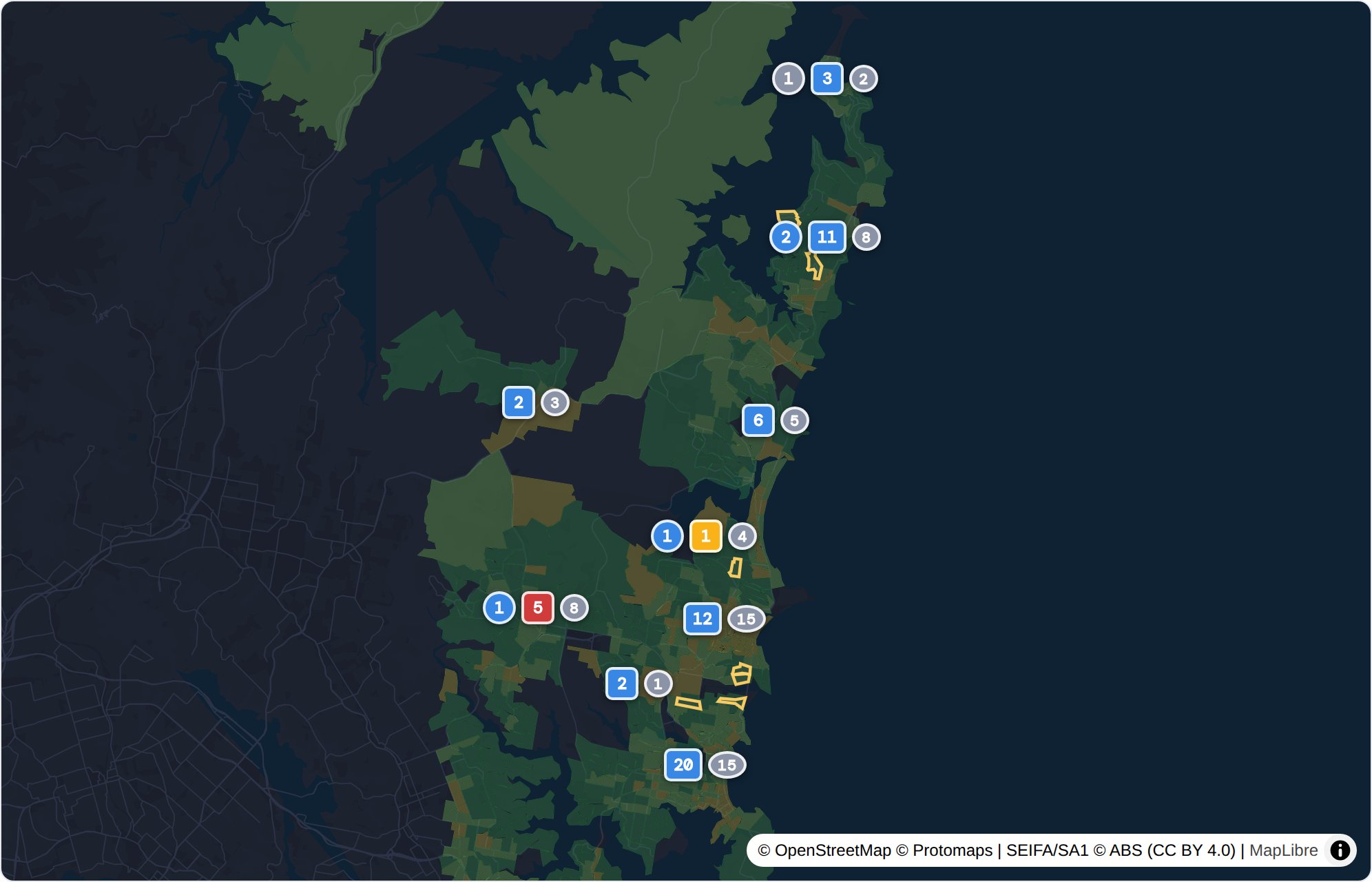 Map of customers with nearby suburbs worth chasing outlined in gold